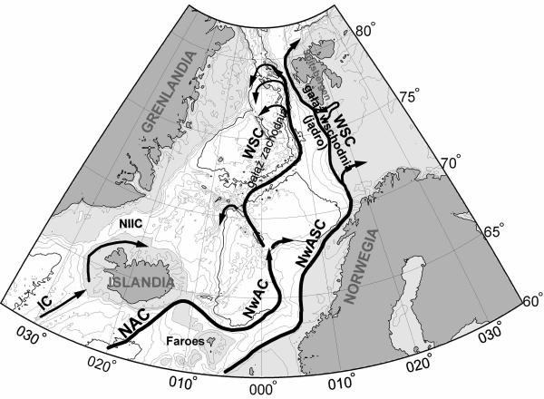 Ryc. 1. Powierzchniowe prądy morskie wnoszące ciepłą Wodę Atlantycką do Mórz Nordyckich.