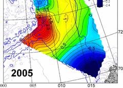 Dane r/v Oceania Fig. 3. Temperature at 100 m in July 2004 2006. Isotherm of 1ºCand 5ºC in bold.