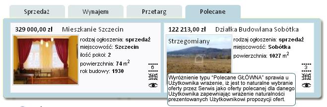 Wyróżnienie ogłoszenie POLECAMY! Prezentacja oferty na stronie głównej, w wyszukiwarce w menu.