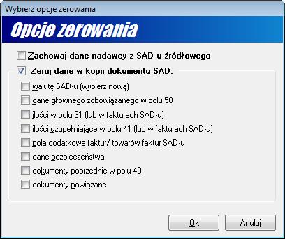 Różni się ono nieznacznie od standardowego okna opcji zerowania dostępnego w WinSAD-zie przy kopiowniu SAD-u dla innych potrzeb, ponieważ część pól SAD-u jest wypełniana przez moduł Terminator i