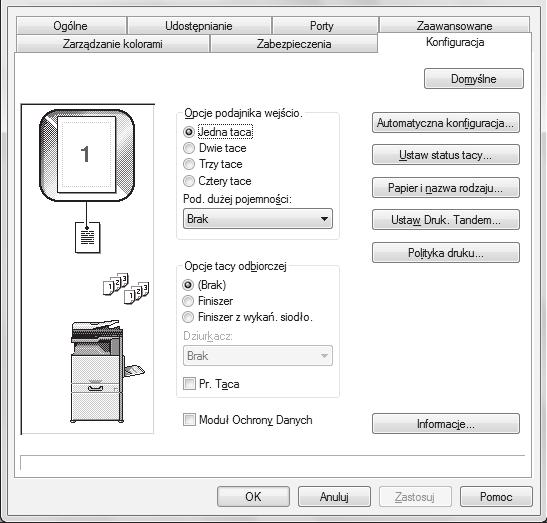 INSTALACJA STEROWNIKA DRUKARKI / STEROWNIKA PC-FAX KONFIGURACJA STEROWNIKA DRUKARKI ZGODNIE Z WYPOSAŻENIEM URZĄDZENIA Po zainstalowaniu sterownika drukarki należy go skonfigurować odpowiednio do