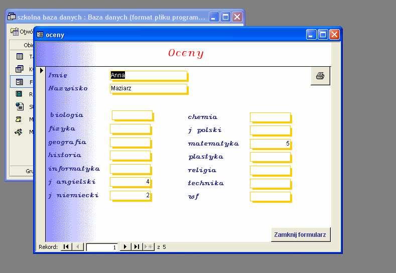Formularze Formularz oceny wyświetla oceny ze