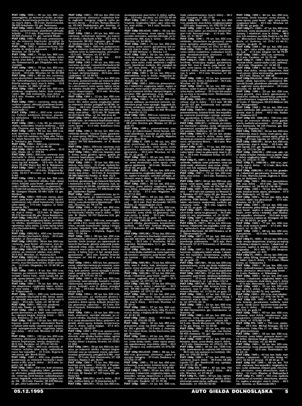 orzechowy, stan dobry, wymienione progi i błotnik. - 16.5 min. Wrocław, tel. 34-33-368 F IA T 126p, 1982 r.. 80 tys. km.