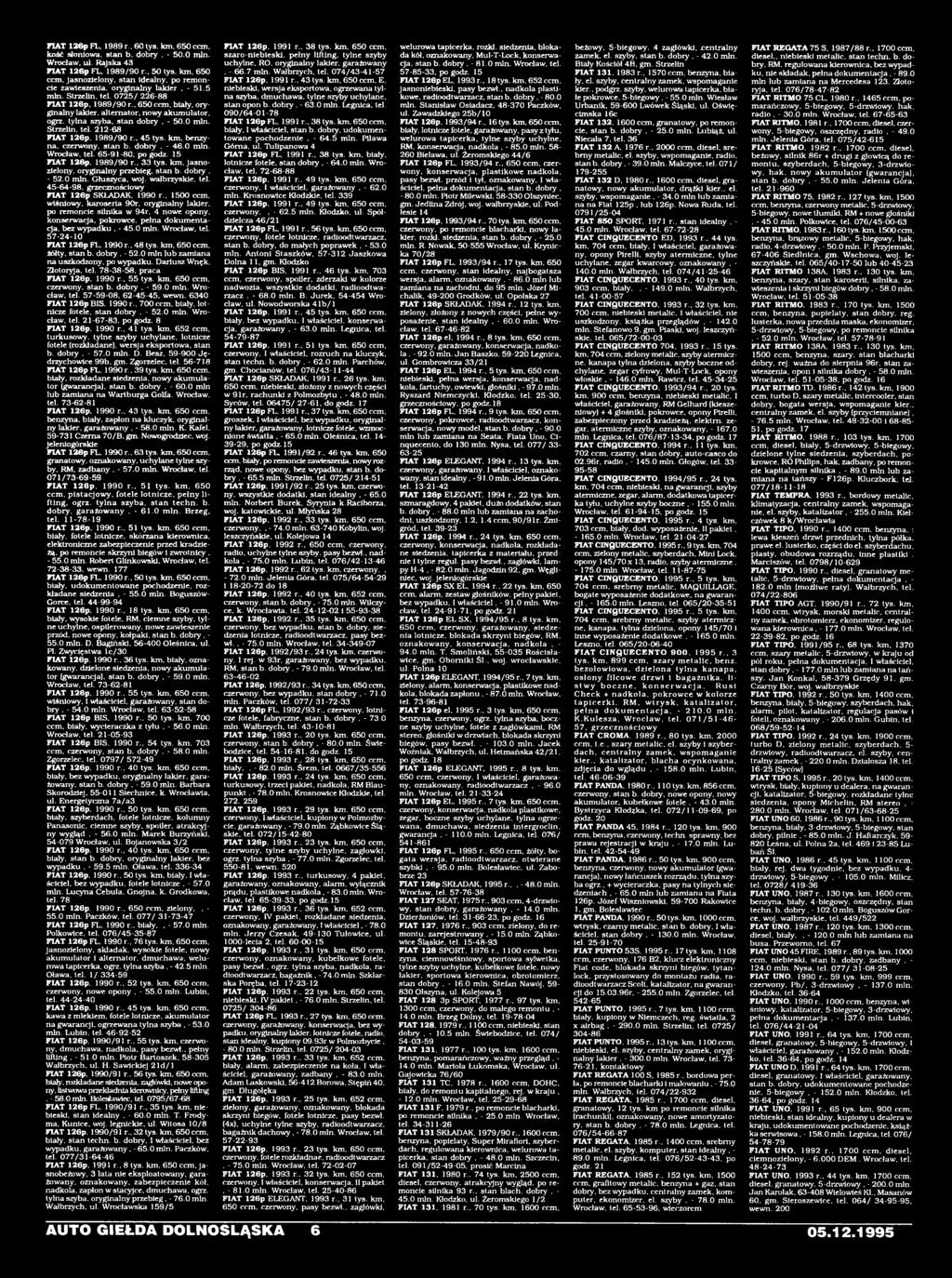 wiśniowy, karoseria 90r, oryginalny lakier, po remoncie silnika w 94r, 4 nowe opony, konserwacja, pokrowce, pełna dokumentacja. bez wypadku, - 45.0 min. Wrocław, tel. 57-24-10 F IA T 126p FL. 1990 r.