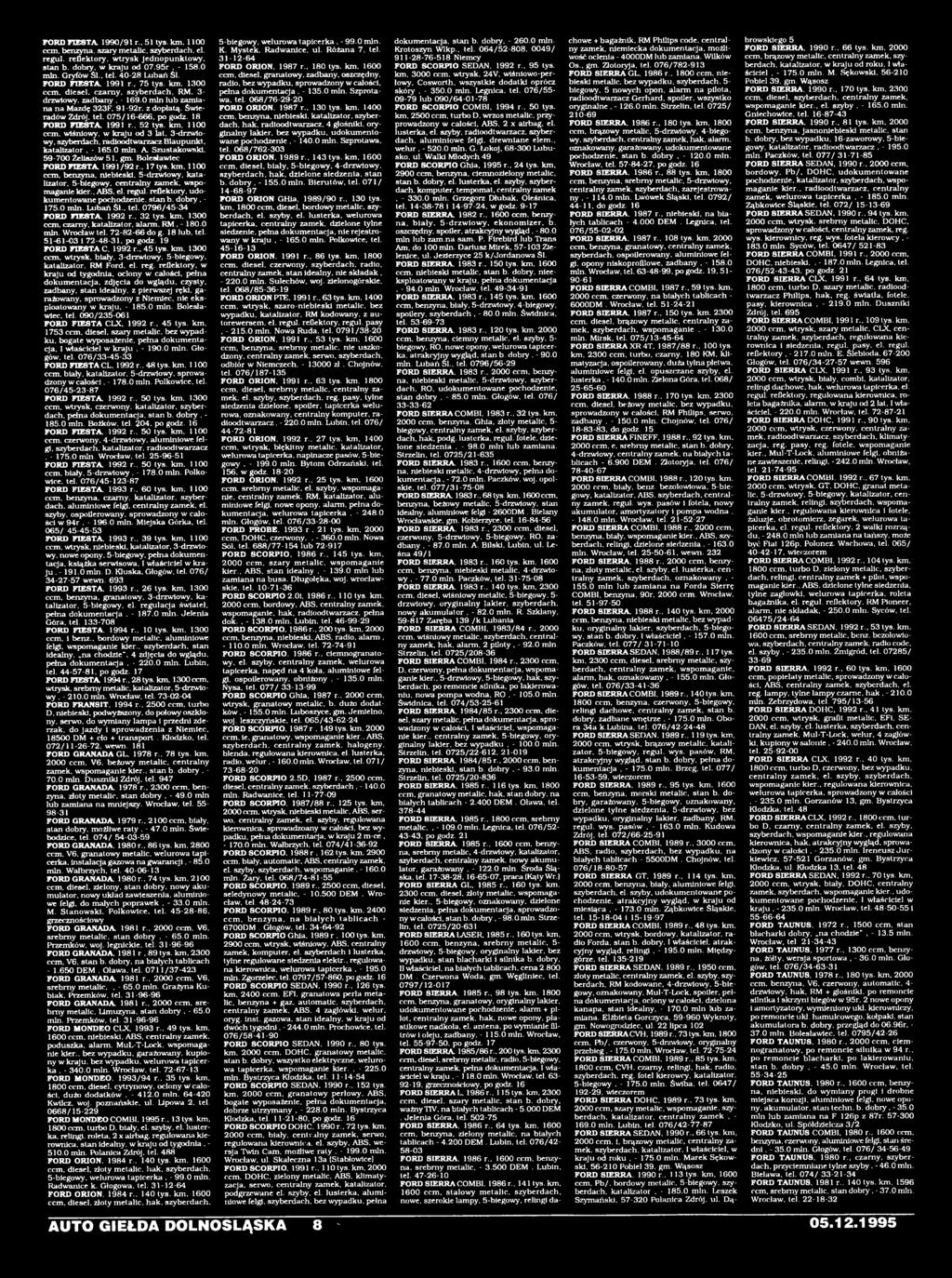 reguł, reflektory, udokumentowane pochodzenie, stan b. dobry. - 175.0 min. Lubań Śl.. tel. 0796/45-34 FORD FIESTA, 1992 r.. 32 tys. km. 1300 ccm. czarny, katalizator, alarm. RM. - 180.0 min. Wrocław tel.