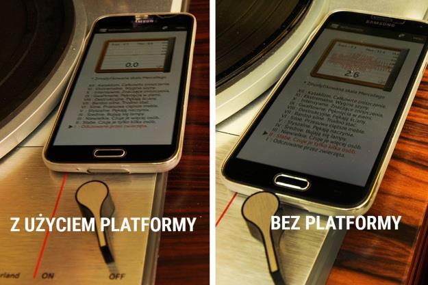 Przy takim wstępnym ustawieniu niezastąpiona okazała się zwyczajna poziomica. Proste narzędzie jakim jest telefon z Vibrometrem pokazało wyraźną zmianę poziomu drgań.