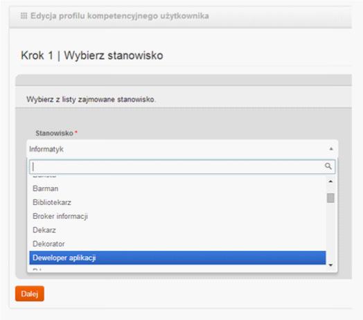 ESKILLS MANAGER Rysunek 27 Wybór stanowiska Dostępna jest możliwość wyszukiwania po nazwie, a także dodawania nowego w przypadku, gdy na liście nie znajdziemy zajmowanego przez siebie stanowiska.