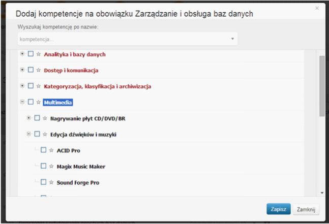 ESKILLS MANAGER Rysunek 31 Dodawanie kompetencji do obowiązku Po wybraniu kompetencji z listy należy wcisnąć Zapisz i użytkownik powróci do okna trzeciego kroku.