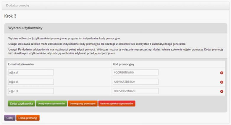 W ostatnim kroku należy dodać użytkowników, którzy mogą skorzystać z promocji. Wpisując ich adresy e-mail trzeba także określić kody promocyjne (unikalne dla każdego uczestnika).