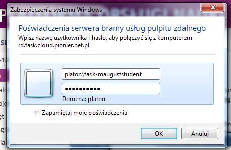 Pierwszy ekran: "Poświadczenia serwera bramy..." Trzeba wpisać: platon\task-...wlasnylogin.