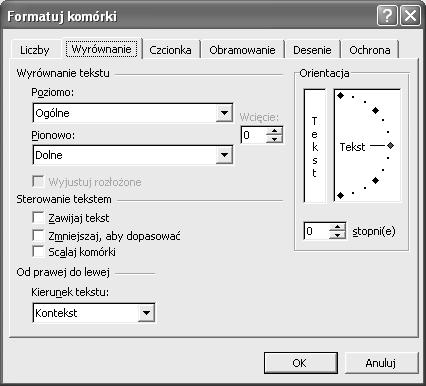 Dodatek 11.8 Arkusz kalkulacyjny w klasie Karta Wyrównanie okna dialogowego Formatuj komórki Rysunek 11.8 b.