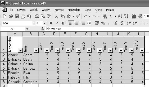 Arkusz kalkulacyjny w klasie Dodatek 11.11 Zadanie 3 Praca z danymi (1 godzina 45 minut) Przyk³adowy plik pokazuje dane dotycz¹ce fikcyjnej grupy uczniów.