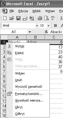 W tym przyk³adzie za³o ymy, e wymienieni uczniowie napisali jakiœ test, w którym mo na by³o uzyskaæ do 40 punktów. 4. Wpisz wyniki ka dego z uczniów w kolumnie C (rysunek 11.3). Uzupe³nione dane 5.