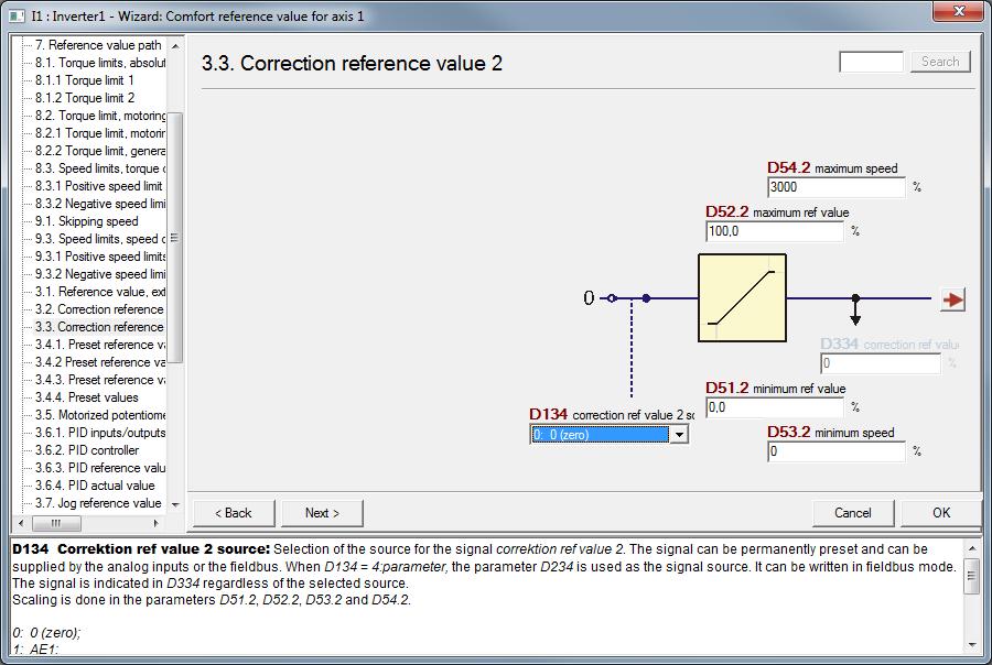 W parametrze D134 można zdefiniować sygnał drugiej korekcji wartości zadanej. Można ustawić na parameter a wartość stałą można wpisać w parametr D234. D52.2 i D51.