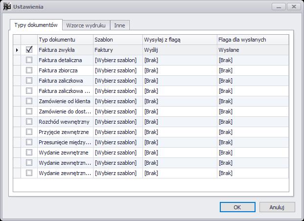 Ustawienia po wybraniu tej opcji pojawi się okno z ustawieniami programu. o Typ dokumentów w tym oknie, użytkownik może wybrać dokumenty, które mają być wysyłane (e-mail i/lub FTP).
