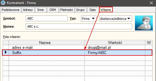 Jednak, dla kontrahenta ABC dokumenty docelowo mają się znaleźć w katalogu Dokumenty/Firmy/ABC. W tym celu należy uzupełnić pole własne kontrahenta ABC o nazwę Firmy/ABC.