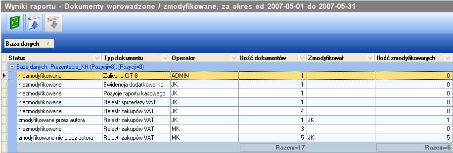 Str. 22 Moduł Biuro rachunkowe v. 13.0 analiza oraz następujące kolumny: Status niezmodyfikowane, zmodyfikowane przez autora, zmodyfikowane nie przez autora. Typ dokumentu np.