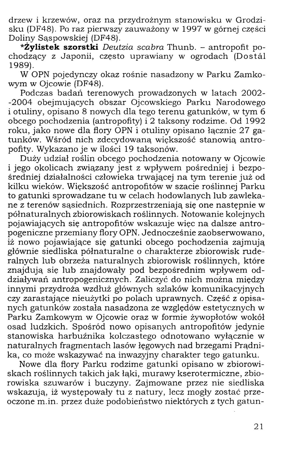 drzew i krzewów, oraz na przydrożnym stanowisku w Grodzisku (DF48). Po raz pierwszy zauważony w 1997 w górnej części Doliny Sąspowskiej (DF48). *Żylistek szorstki Deutzia scabra Thunb.