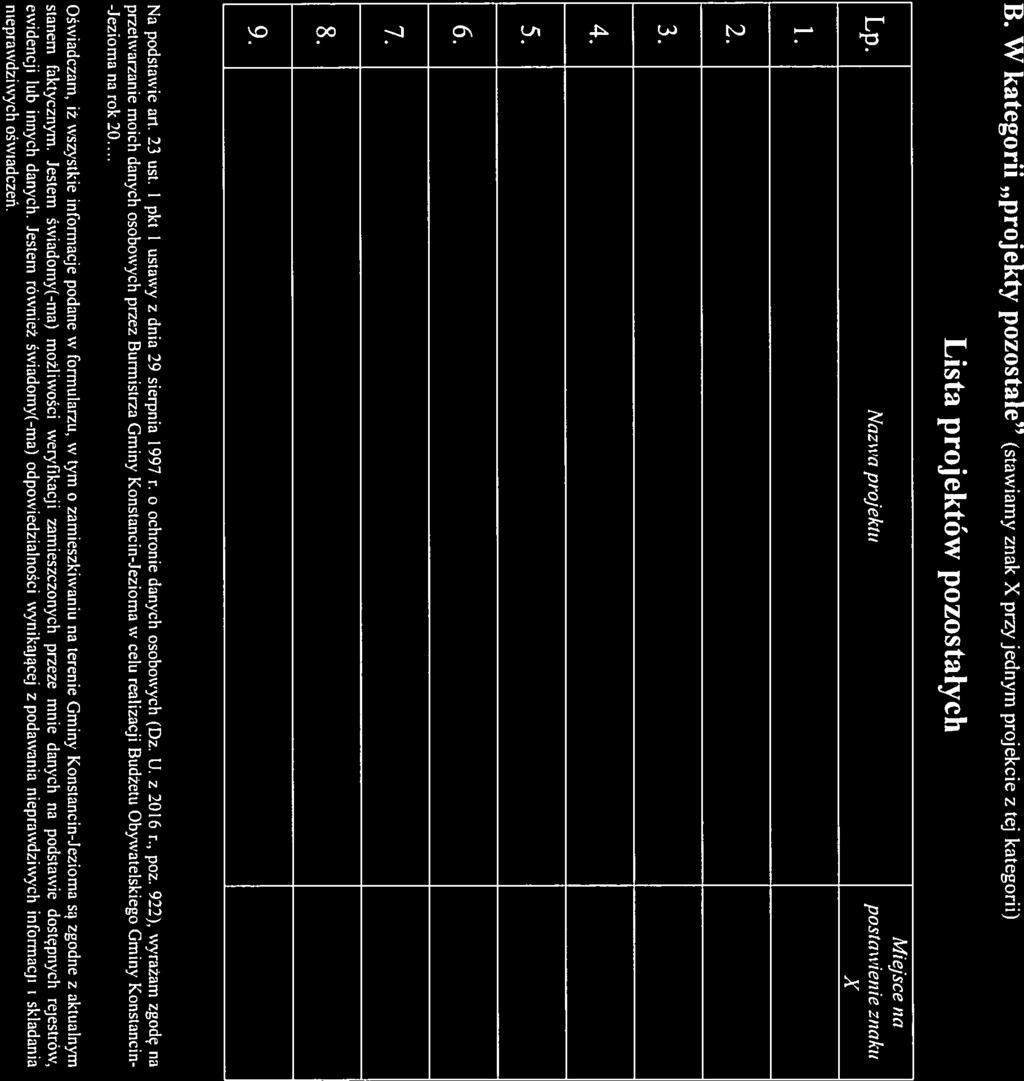 B. W kategorii projekty pozostałe (stawiamy znak X przy jednym projekcie z tej kategorii) Lista projektów pozostałych Miejsce na Lp. ;Vaztia projektu postawienie :nakii X 2. 3. 4. 5. 6. 7. 8. 9.