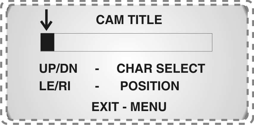 TITLE włączenie wyświetlania nazwy kamery ON włączenie UP/DN wybór znaku (0 9, A Z) LE/RI wybór pozycji znaku OFF wyłączenie