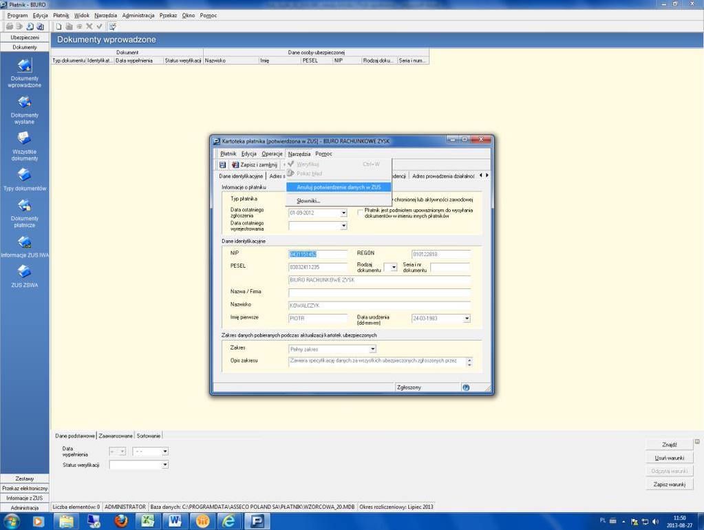 5.2.2 Anulowanie potwierdzenia danych płatnika i ubezpieczonych z rejestrem w ZUS W programie PŁATNIK począwszy od wersji 9.01.