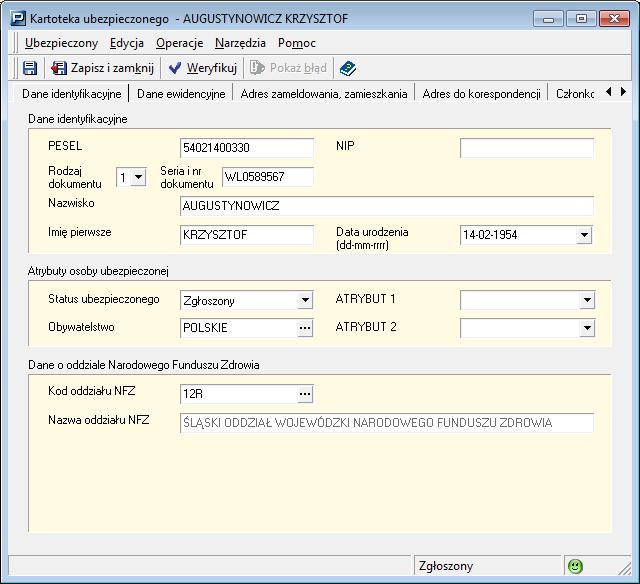 Rysunek 35. Okno robocze: Kartoteka ubezpieczonego 4. Zweryfikuj poprawność wprowadzonych zmian, klikając przycisk Weryfikuj na pasku narzędzi.