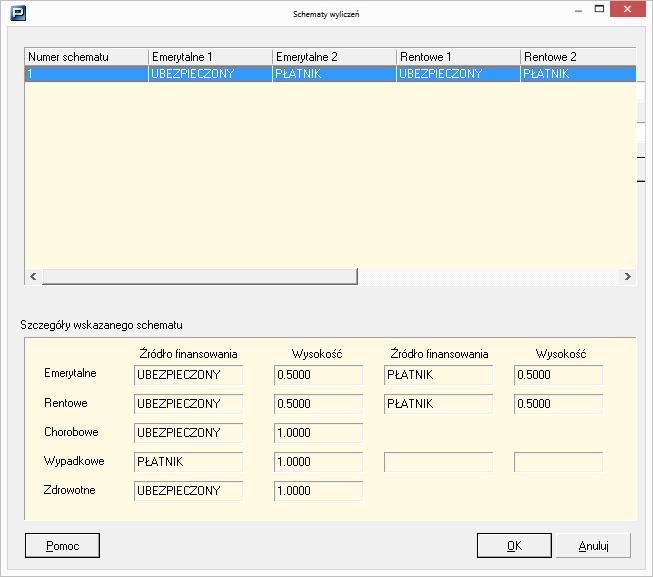 Rysunek 56. Okno Schematy wyliczeń Źródło finansowania oznacza podmiot, który finansuje składkę. Wysokość oznacza wartość finansowania składki przez podmiot wskazany w polu źródło finansowania.