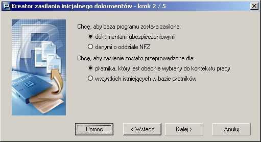 Bazę programu można zasilić dokumentami ubezpieczeniowymi z pliku KEDU pochodzącymi z poprzedniej wersji programu PŁATNIK lub danymi o oddziale NFZ pochodzącymi z pliku o strukturze KCH.