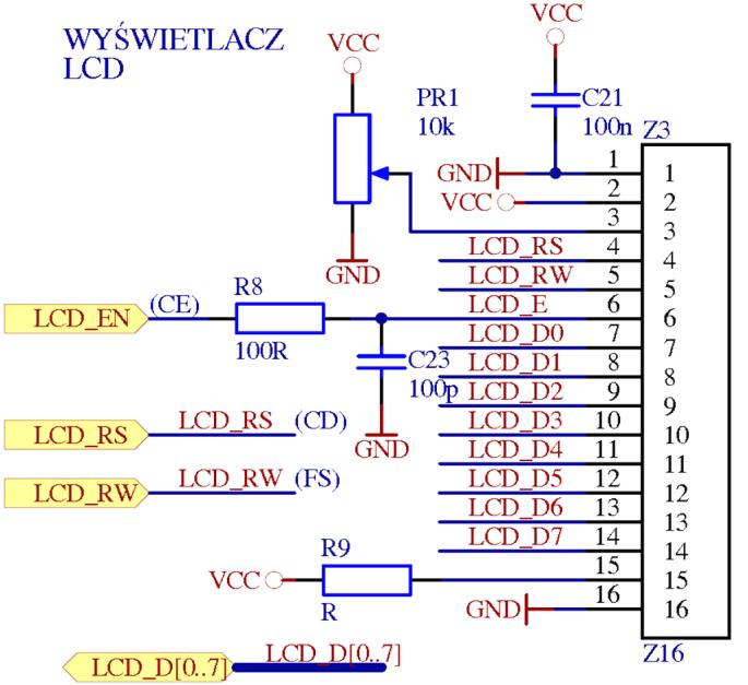 13 DB6 H/L 6 bit danych 14 DB7 H/L 7 bit danych 15 A Anoda diody podświetlającej LED 16 K Katoda diody podświetlającej LED Rys. 11.1. Schemat przedstawiający złącze wyświetlacza alfanumerycznego 11.2.