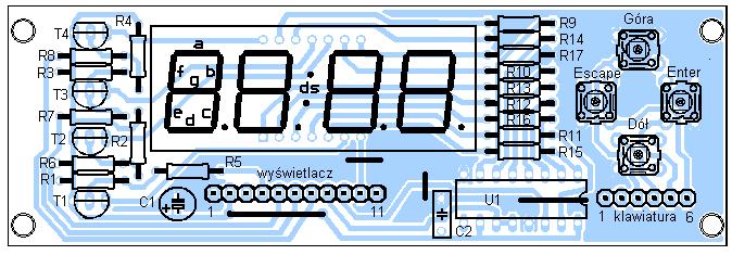 Projekt przykładowej płytki drukowanej wyświetlacza (w skali 1:1) Płytkę zaprojektowano jako jednostronną, pamiętając o ograniczeniach przy samodzielnym jej wykonaniu.