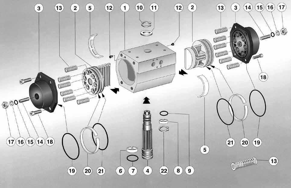 Rysunki przekrojowe Sprężyny wstępnie napięte Element Opis Ilość Materiał Element Opis Ilość Materiał 1 Korpus 1 Aluminium anodowane 2 Tłoczyska 2 Odlewane z aluminium 3 Pokrywy 2 Odlewane z