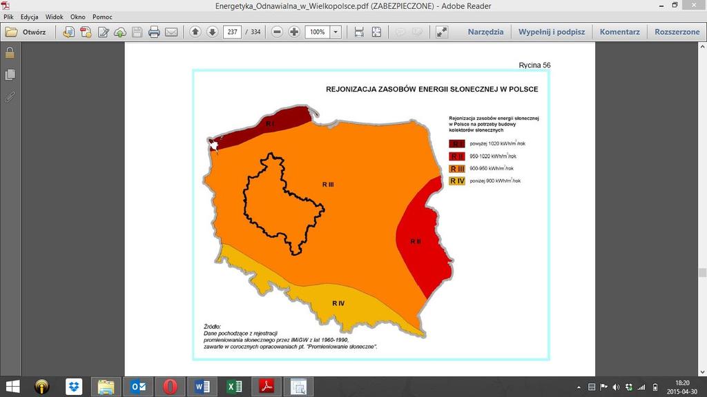 Rysunek 21. Rejonizacja zasobów energii słonecznej w Polsce Źródło: Energetyka odnawialna w Wielkopolsce uwarunkowania rozwoju, Poznań 2012 Rysunek 22.