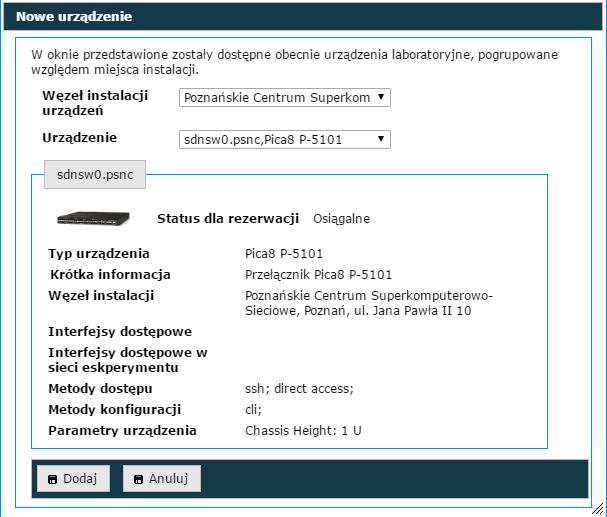 Funkcja Nowy element (typ) umożliwia wybór i dodanie urządzenia PL-LAB do edytowanej topologii eksperymentu.