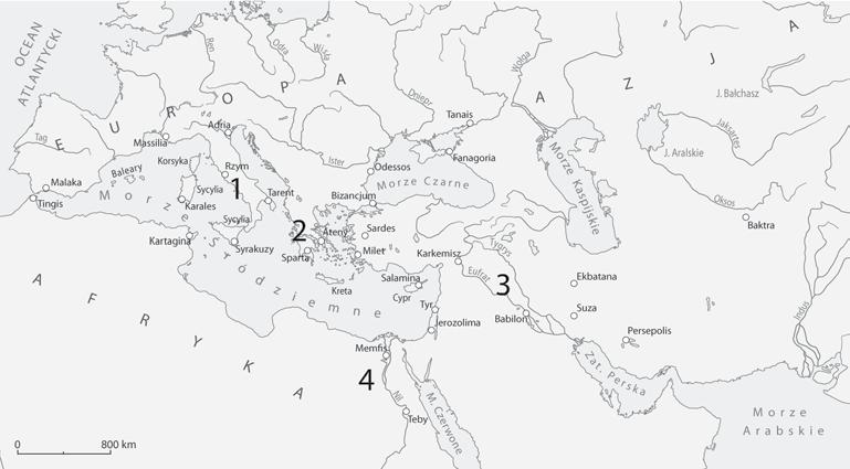 Ilustracja i mapa do zadania 1. Ilustracja: Jan Horydowiec. Zadanie 1. Ilustracja przedstawia bóstwo czczone na terenie oznaczonym na mapie numerem A. 1. B. 2. C. 3. D. 4.