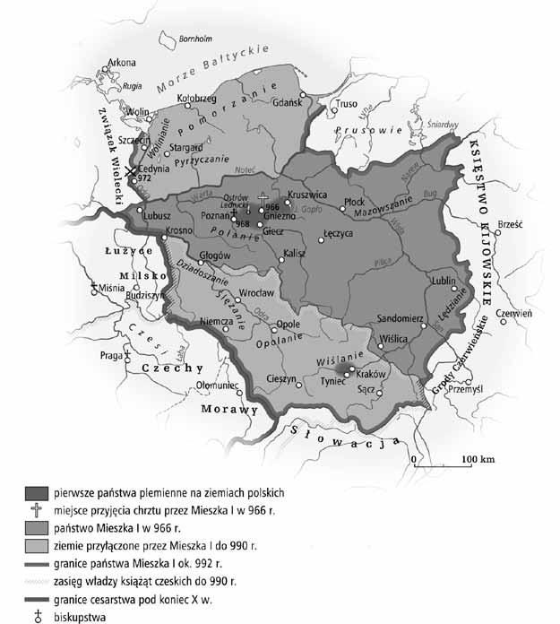 Mapa do zadania 4. Zadanie 4. Oceń, czy poniższe zdania dotyczące państwa Mieszka I są prawdziwe, czy fałszywe. Wybierz P, jeśli zdanie jest prawdziwe, lub F jeśli jest fałszywe.