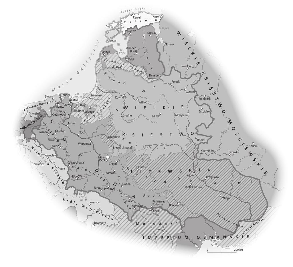 Mapa do zadania 7. Zadanie 7. Wybierz okres, do którego nawiązuje przedstawiona mapa Korony i Litwy, i wskaż właściwe uzasadnienie wyboru. Zaznacz literę A albo B oraz numer 1, 2 albo 3. A. Koniec XIV w.