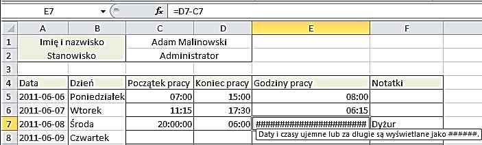 do komórki sformatowanej jako data, zostanie wprowadzona formuła, której wynik wykracza poza obsługiwany przez program Microsoft Excel 2010 zakres dat (1 styczeo 1900-31 grudzieo 9999). 3.