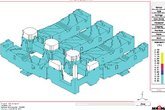 7 4.9: a) temperature distribution in the casting after 6 minutes and 36 seconds from filling the mould, b) distribution of porosity i porowatość.