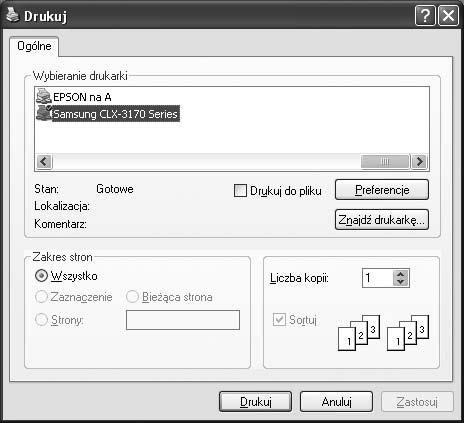 2 Podstawowe drukowanie Niniejszy rozdział wyjaśnia opcje drukowania oraz popularne zadania drukowania w systemie Windows. 1 Otwórz dokument, który ma zostać wydrukowany. 2 Wybierz Drukuj z menu Plik.