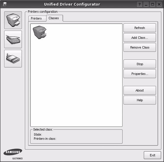 Okno Printers Configuration Okno konfiguracji drukarek zawiera dwie karty: Printers i Classes. Karta Classes Na karcie Classes wyświetlana jest lista dostępnych klas drukarek.