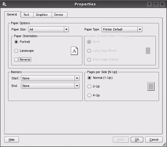3 W oknie graficznego interfejsu użytkownika LPR wybierz odpowiednią nazwę modelu urządzenia z listy drukarek i kliknij przycisk Properties. Kliknij. U góry okna znajdują się cztery następujące karty.