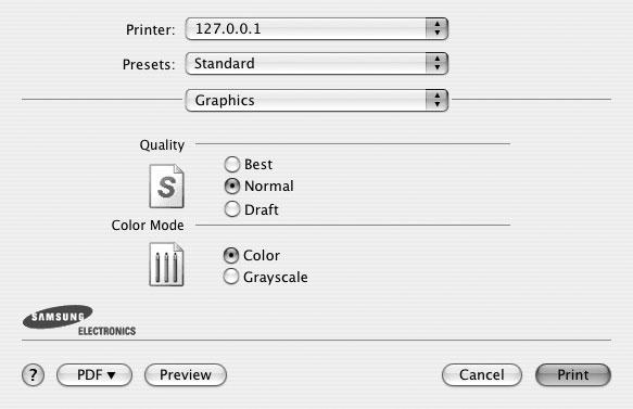 Graphics Karta Graphics zawiera opcje umożliwiające wybór opcji Resolution(Quality) oraz Color Mode. Wybierz opcję Graphics z listy rozwijalnej Presets, aby uzyskać dostęp do funkcji graficznych.