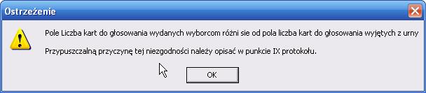 W tym przypadku należy sprawdzić po raz kolejny pola liczbowe. Błąd uniemożliwia wygenerowanie protokołu. Sumy muszą się zgadzać. Ostrzeżenia: Występuje wtedy, kiedy dane liczbowe są niezgodne.