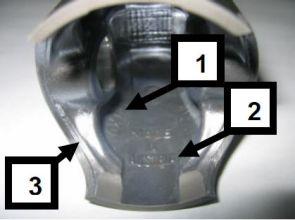 Tłok z pierścieniem 3.1 3.2 Oryginalny, odlany tłok aluminiowy, z powłoką lub bez powłoki, z jednym pierścieniem. W środkowej części tłoka musi być odlane oznakowanie ELKO (1) i MADE IN AUSTRIA (2).