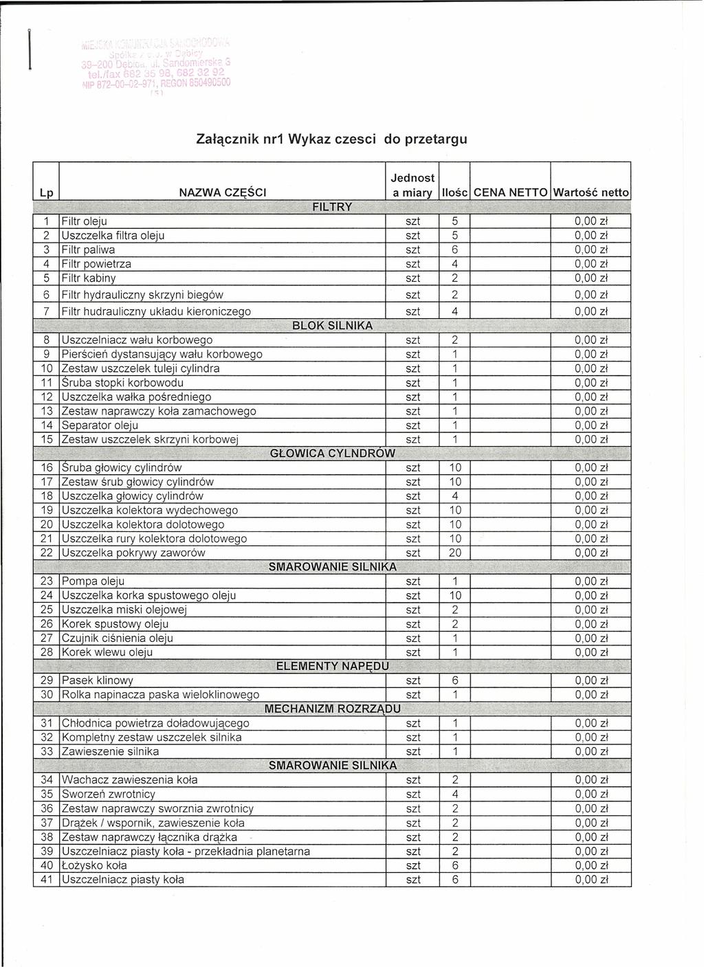 l Załącznik nr Wykaz czesci do przetargu Jednost a miary NAZWA CZĘŚCI Lp re oleju Uszczelka filtra oleju paliwa powietrza kabiny hydrauliczny skrzyni biegów 7 hudrauliczny układu kieroniczego 3 H 8 9