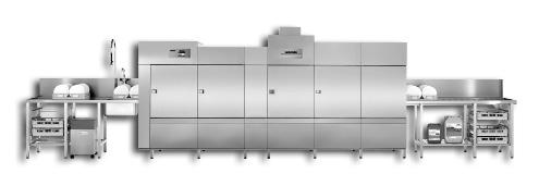 Przykd planu MTF 3-2800 MMM-L: Stołówka dla ok. 400 obiadów 3-zbiornikowa zmywarka ze strefą suszenia L, instalacja cokołu, taśmociąg z okrągłym pasem wejsciowym, stoły i pólki na kosze.