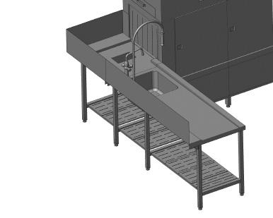 Akcesoria Specjalne stoły wlotowe/wylotowe Seria PT, STR, MTR typ 712 W pełni wyposażone stoły wejściowe obejmują zlew (wymiary: 500 x 400 x 250 mm), syfon spustowy, cięgno Bowdena, tylną krawędź