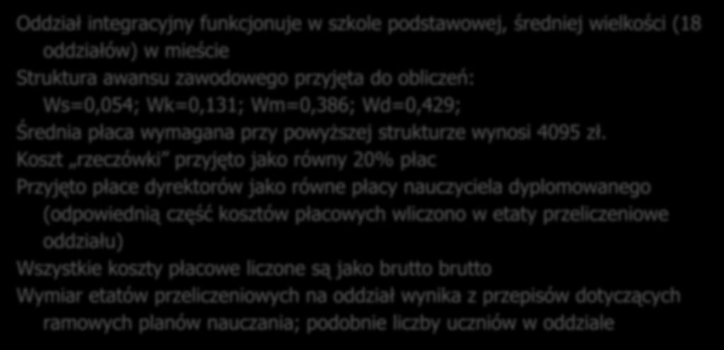 Oddział integracyjny funkcjonuje w szkole podstawowej, średniej wielkości (18 oddziałów) w mieście Struktura awansu zawodowego przyjęta do obliczeń: Ws=0,054; Wk=0,131; Wm=0,386; Wd=0,429; Średnia