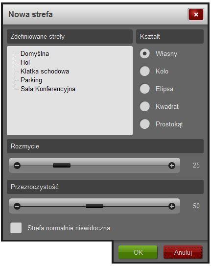 Rysunek 26: Konfiguracja widoku - strefy Użytkownik ma możliwość wyboru kształtu strefy (figury geometryczne) lub stworzenia własnej strefy.