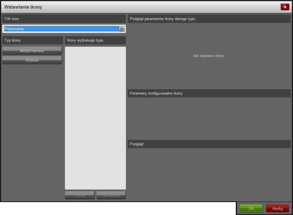 Rysunek 31: Okno konfiguracyjne podzespołów Użytkownik z listy Filtr ikon musi wybrać pozycję Podzespoły. Pod etykietą Typ ikony pojawiają się 2 przyciski: Moduł Kamery i Wykres.